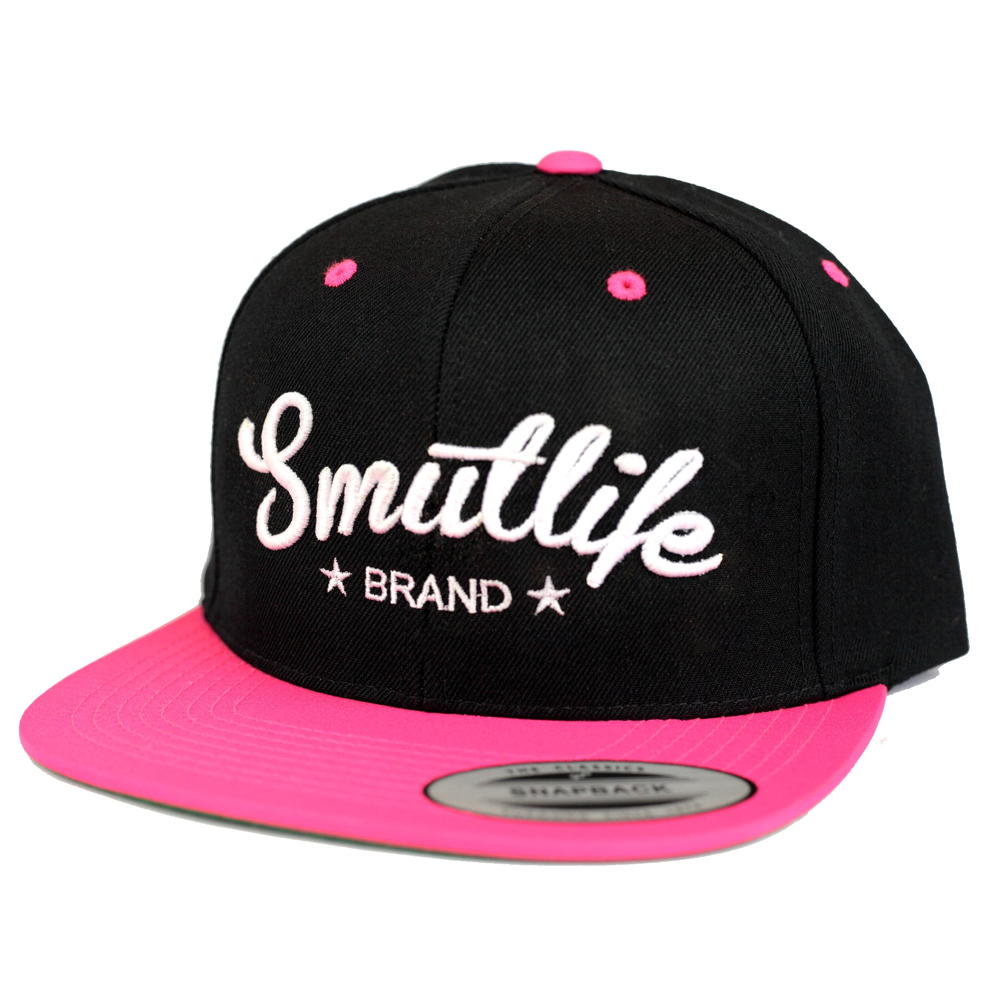 Black & pink Smutlife Brand snapback baseball hat with white embroidered logo and tri-stars.