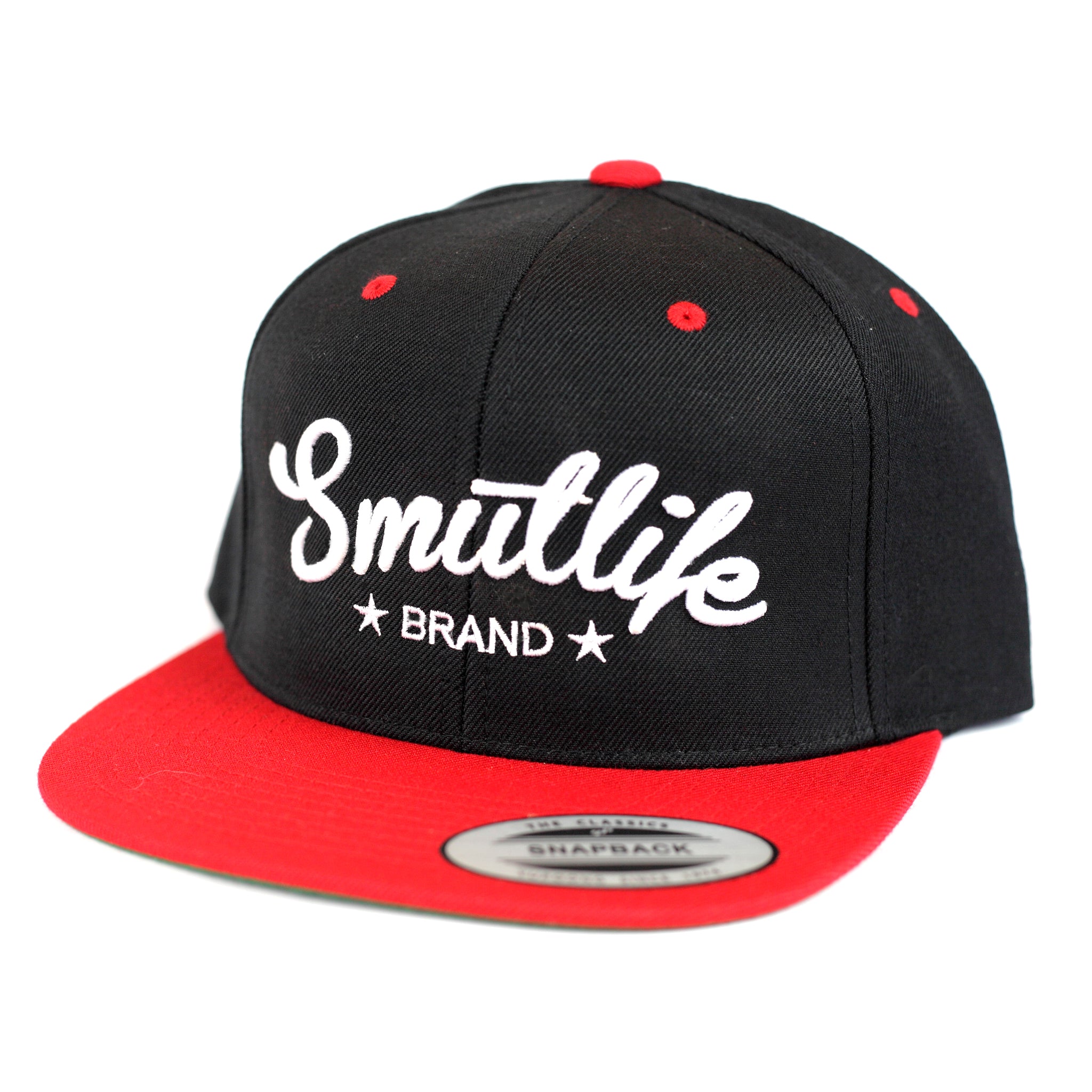 Black and red Smutlife Brand flatbrim snapback baseball hat with white script logo.
