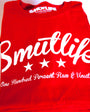Folded red SMUTLIFE Tri-Star men's tee with white "Smutlife" text, three stars, and "One Hundred Percent Raw & Uncut" slogan.