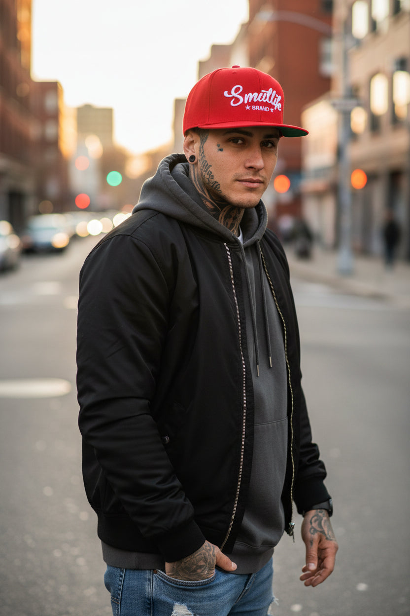 Red Smutlife Tri-Star flatbrim snapback hat on a man, 80% Acrylic / 20% Wool.
