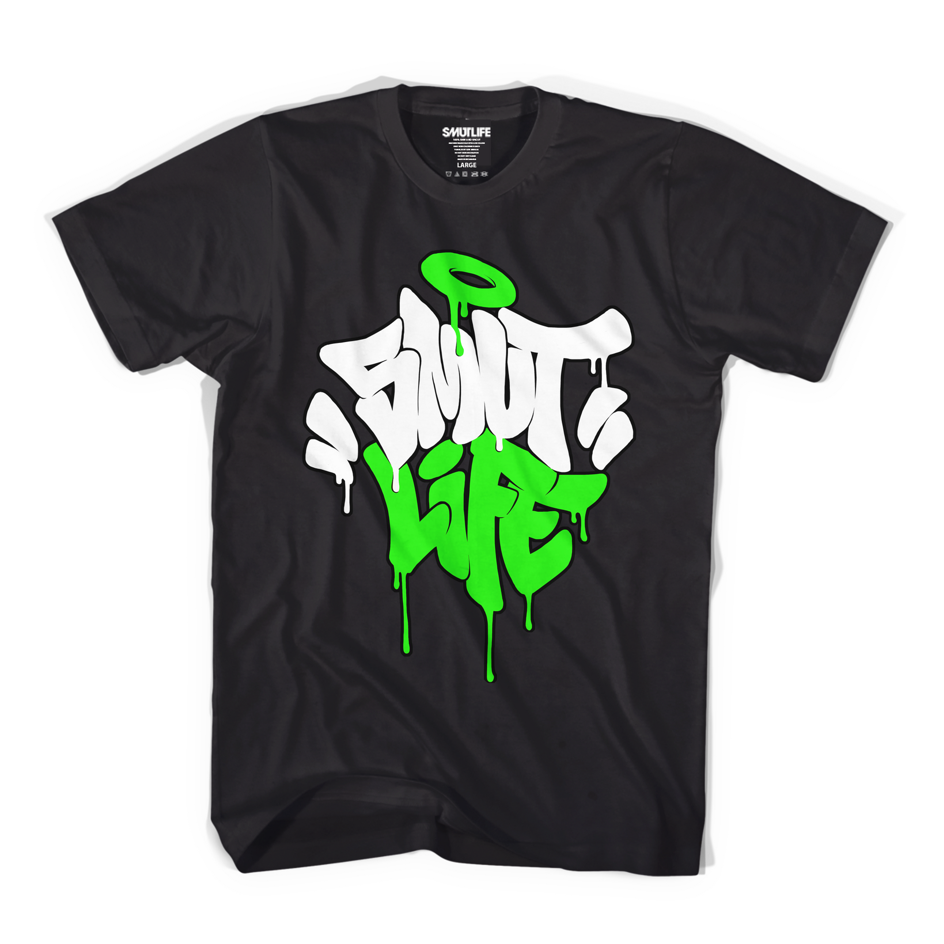 Black men's combed cotton Marker Drip T-shirt with "SMUTLIFE" in white and lime green graffiti drip font.
