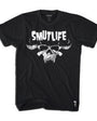 Black SMUT WARRIOR men's combed cotton tee with white "SMUTLIFE" text and horned skull graphic.