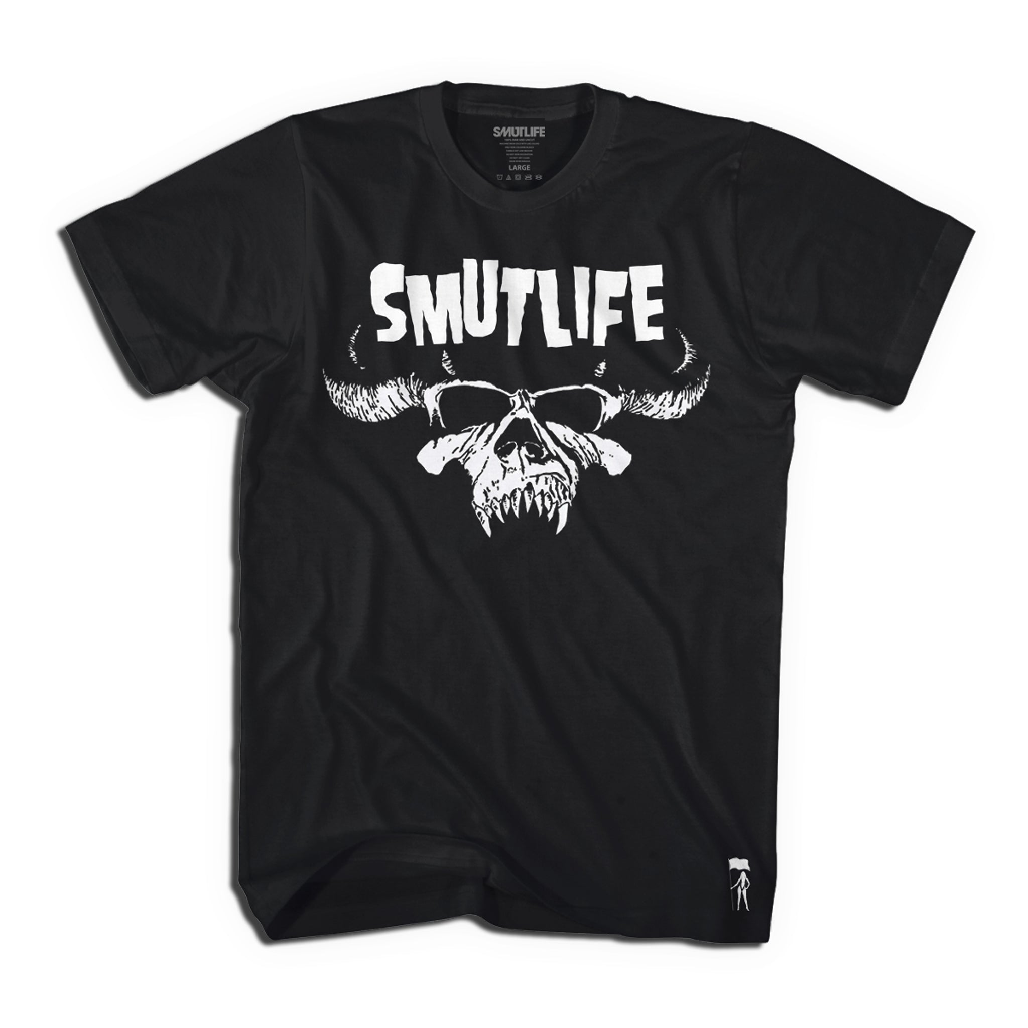 Black SMUT WARRIOR Men's Tee with white "SMUTLIFE" text and horned skull graphic.