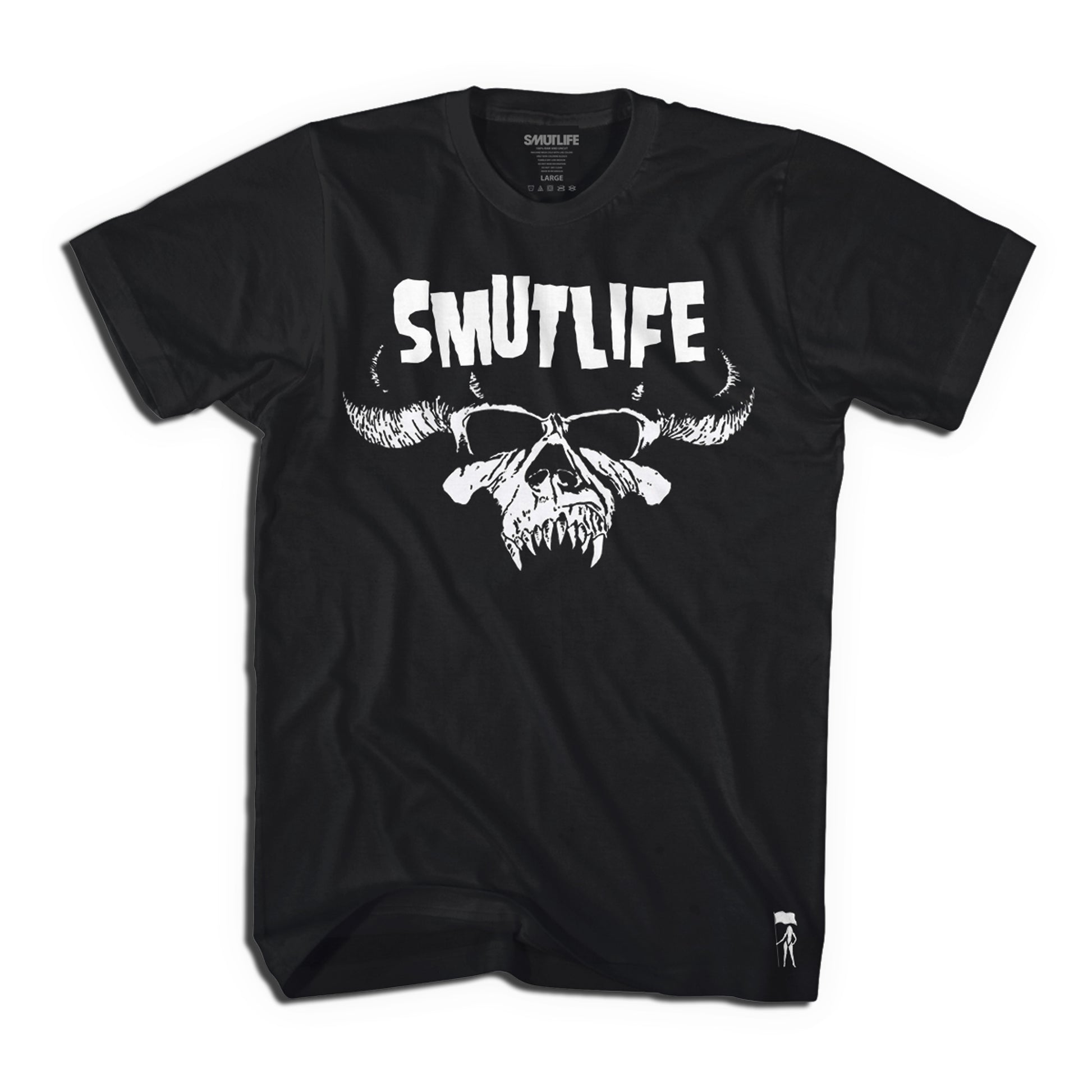 Black SMUT WARRIOR men's combed cotton tee with white "SMUTLIFE" text and horned skull graphic.