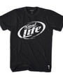 Black 100% combed cotton SMUT-LITE men's tee with distressed white oval logo and small white graphic.