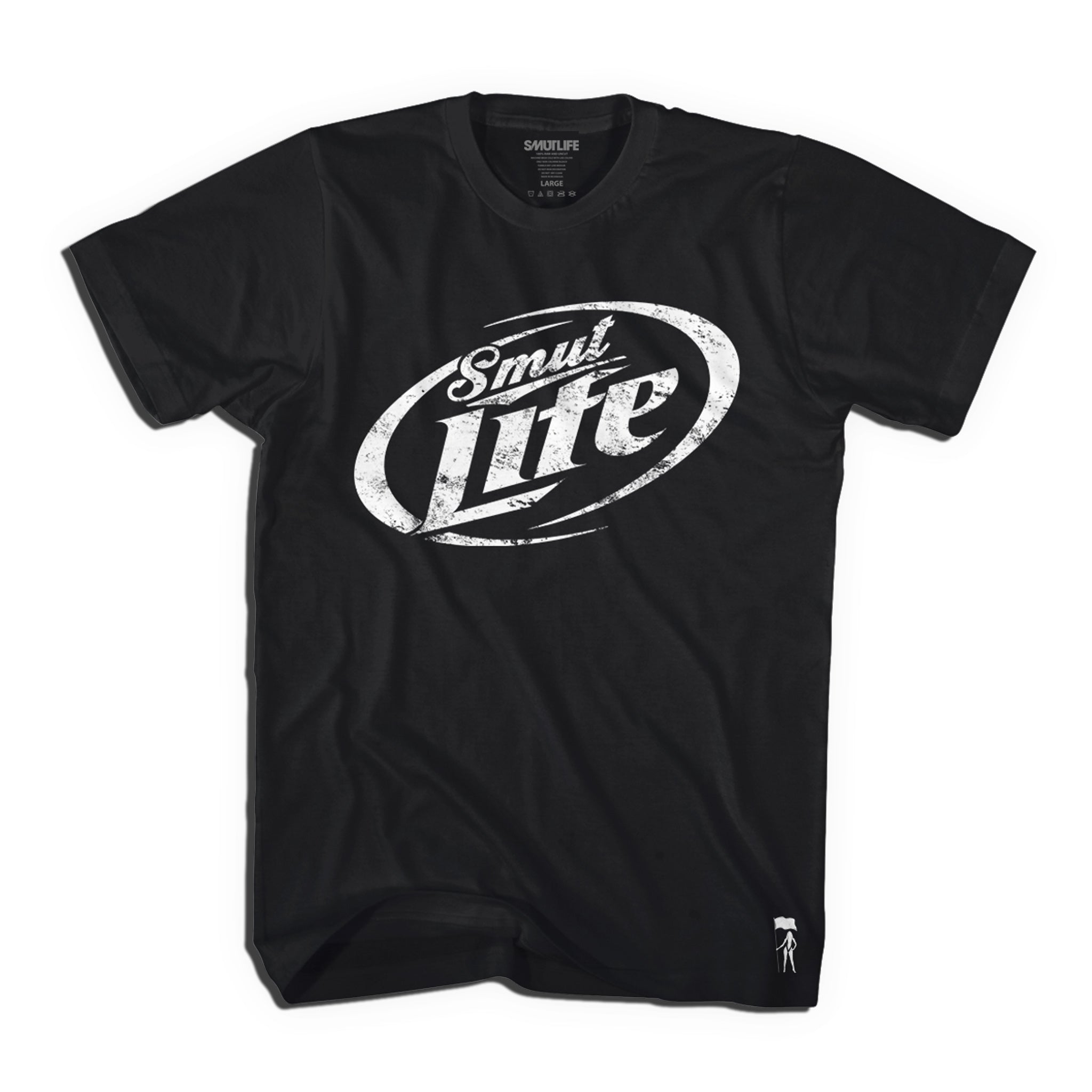 Black 100% combed cotton SMUT-LITE men's tee with distressed white oval logo and small white graphic.