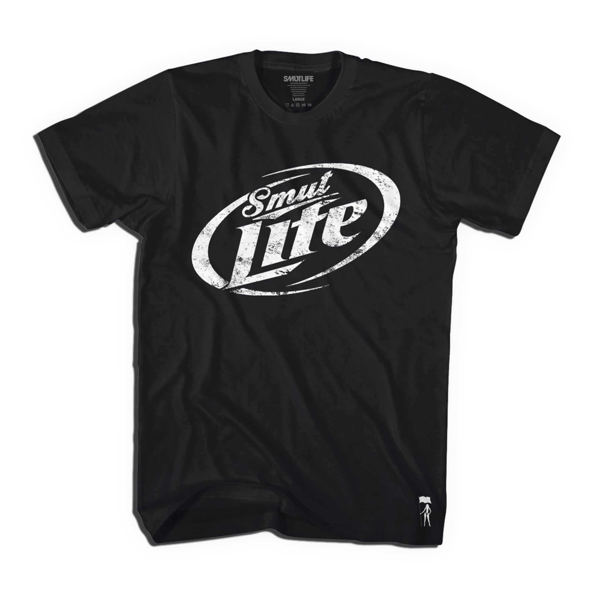 Black 100% combed cotton SMUT-LITE men's tee with distressed white oval logo and small white graphic.