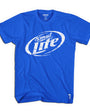 SMUT-LITE Men's royal blue combed cotton tee with distressed white "Smut Lite" logo.