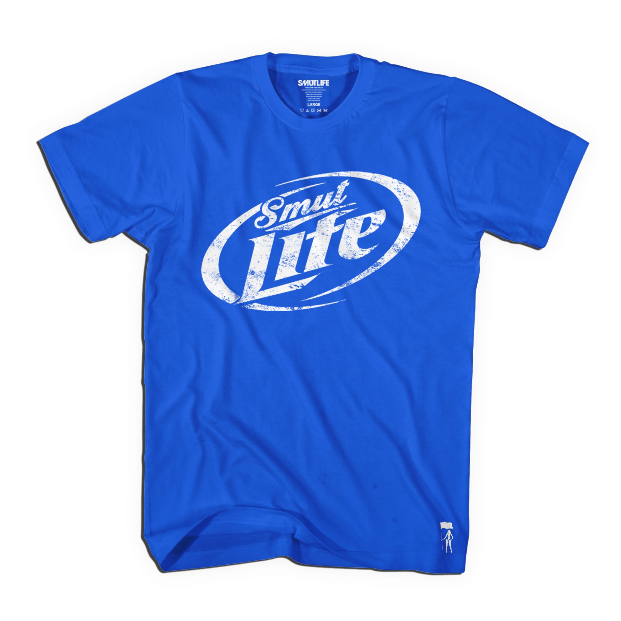 SMUT-LITE Men's royal blue combed cotton tee with distressed white "Smut Lite" logo.