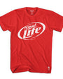 Red 100% combed cotton SMUT-LITE men's tee with distressed white "Smut Lite" logo and small white figure.