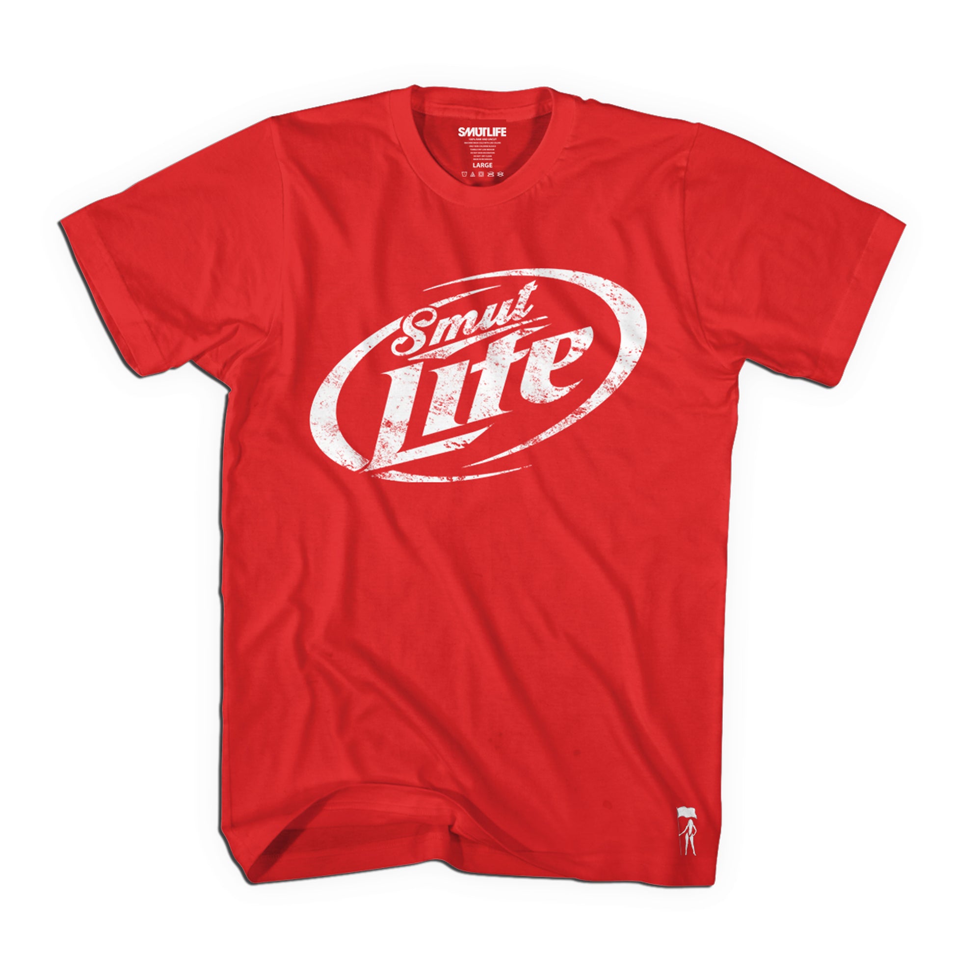 Red 100% combed cotton SMUT-LITE men's tee with distressed white "Smut Lite" logo and small white figure.