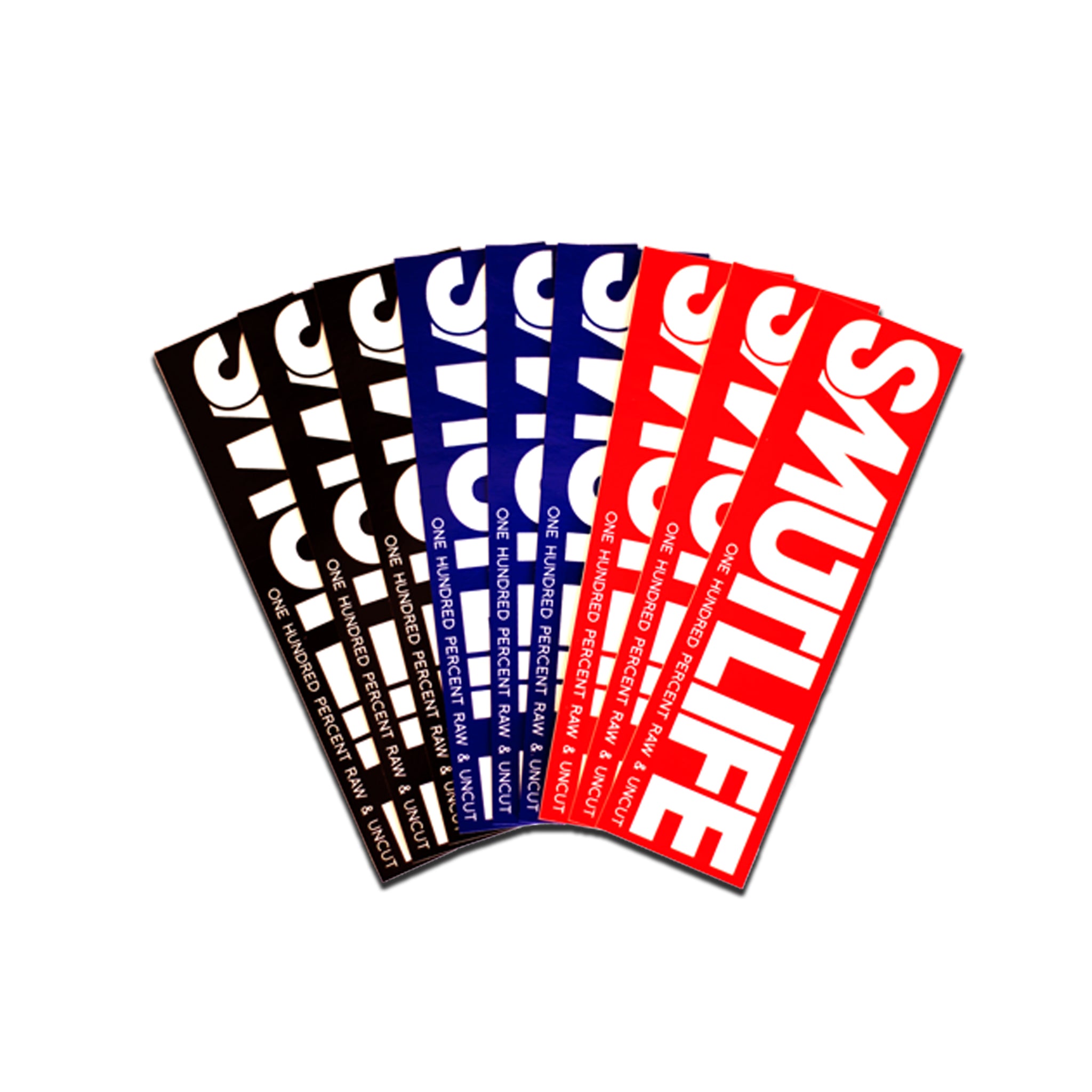 Fan of Smutlife brand stickers in black, blue, and red with "ONE HUNDRED PERCENT RAW & UNCUT" text.