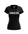 Black women's SMUTLIFE logo tee, 100% combed cotton, with "ONE HUNDRED PERCENT RAW & UNCUT" text.