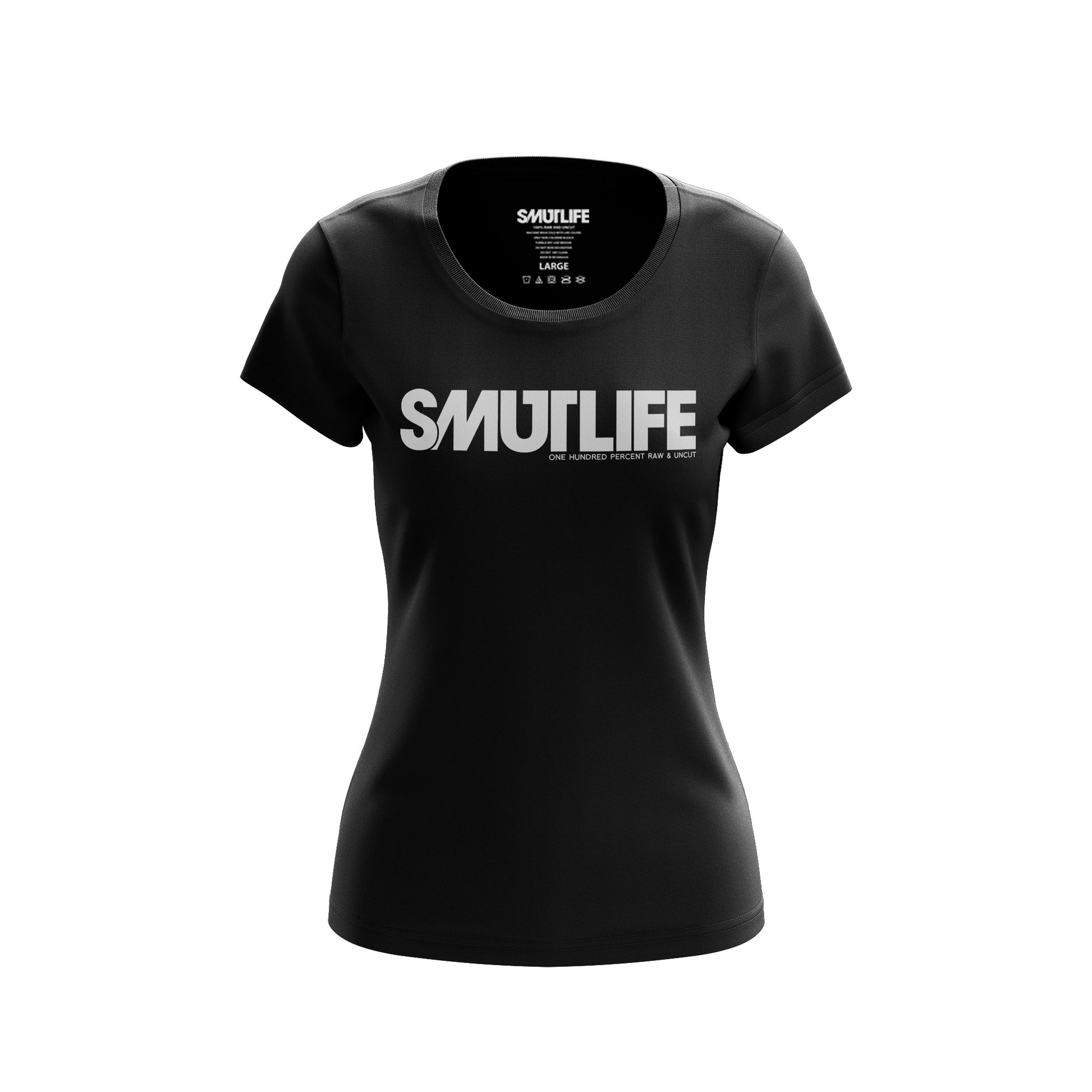 Black women's SMUTLIFE logo tee, 100% combed cotton, with "ONE HUNDRED PERCENT RAW & UNCUT" text.