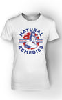 White combed cotton women's boyfriend t-shirt with "SMUTLIFE NATURAL REMEDIES" graphic featuring a pin-up woman.
