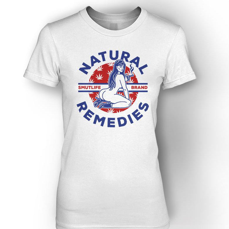 White combed cotton women's boyfriend t-shirt with "SMUTLIFE NATURAL REMEDIES" graphic featuring a pin-up woman.