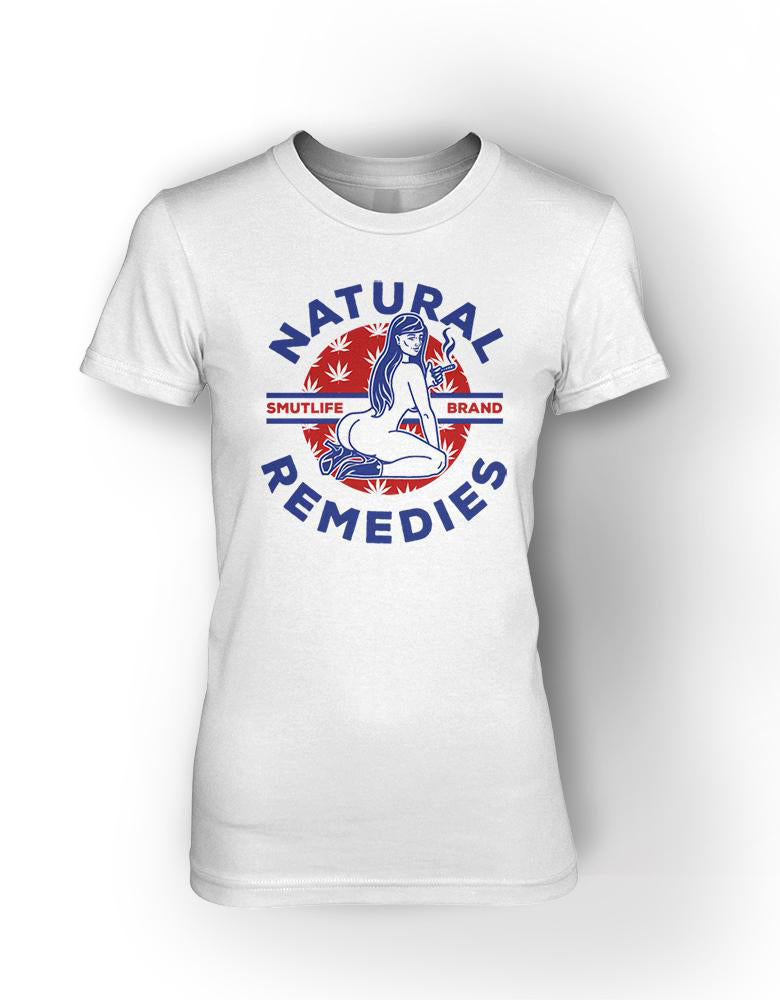 White combed cotton women's boyfriend t-shirt with "SMUTLIFE NATURAL REMEDIES" graphic featuring a pin-up woman.