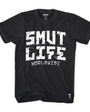 Black SMUTLIFE WORLDWIDE Men's Tee, 100% combed cotton, with white graphic print and small logo.