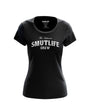 Black Infamous SMUTLIFE CREW Women's Tee, 100% combed cotton, with white text and printed neck label.