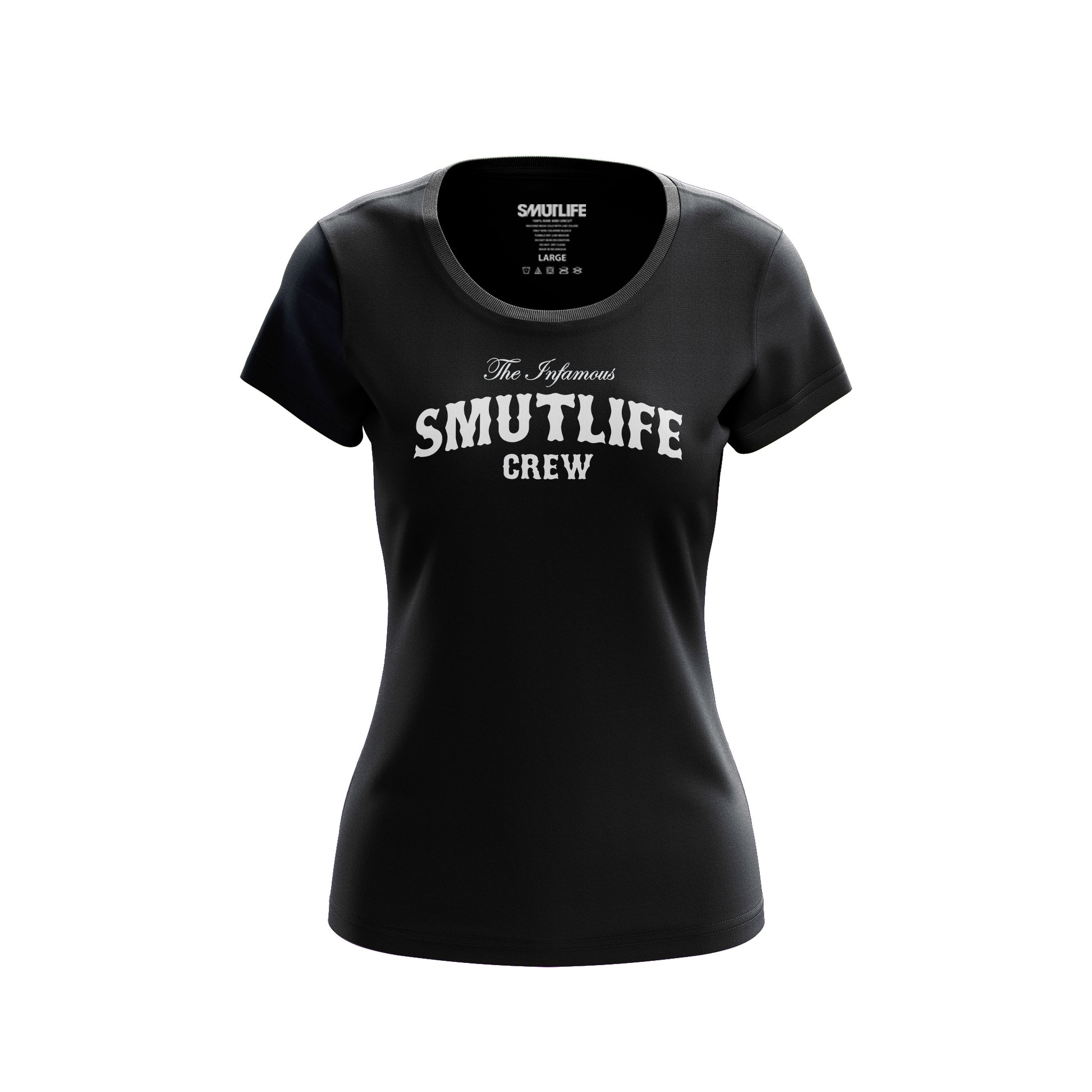 Black Infamous SMUTLIFE CREW Women's Tee, 100% combed cotton, with white text and printed neck label.