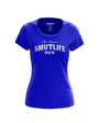 Royal blue women's crew neck tee with "The Infamous SMUTLIFE CREW" in white, 100% combed cotton.