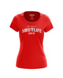 Red "The Infamous SMUTLIFE CREW" women's tee, 100% combed cotton, with printed neck label.