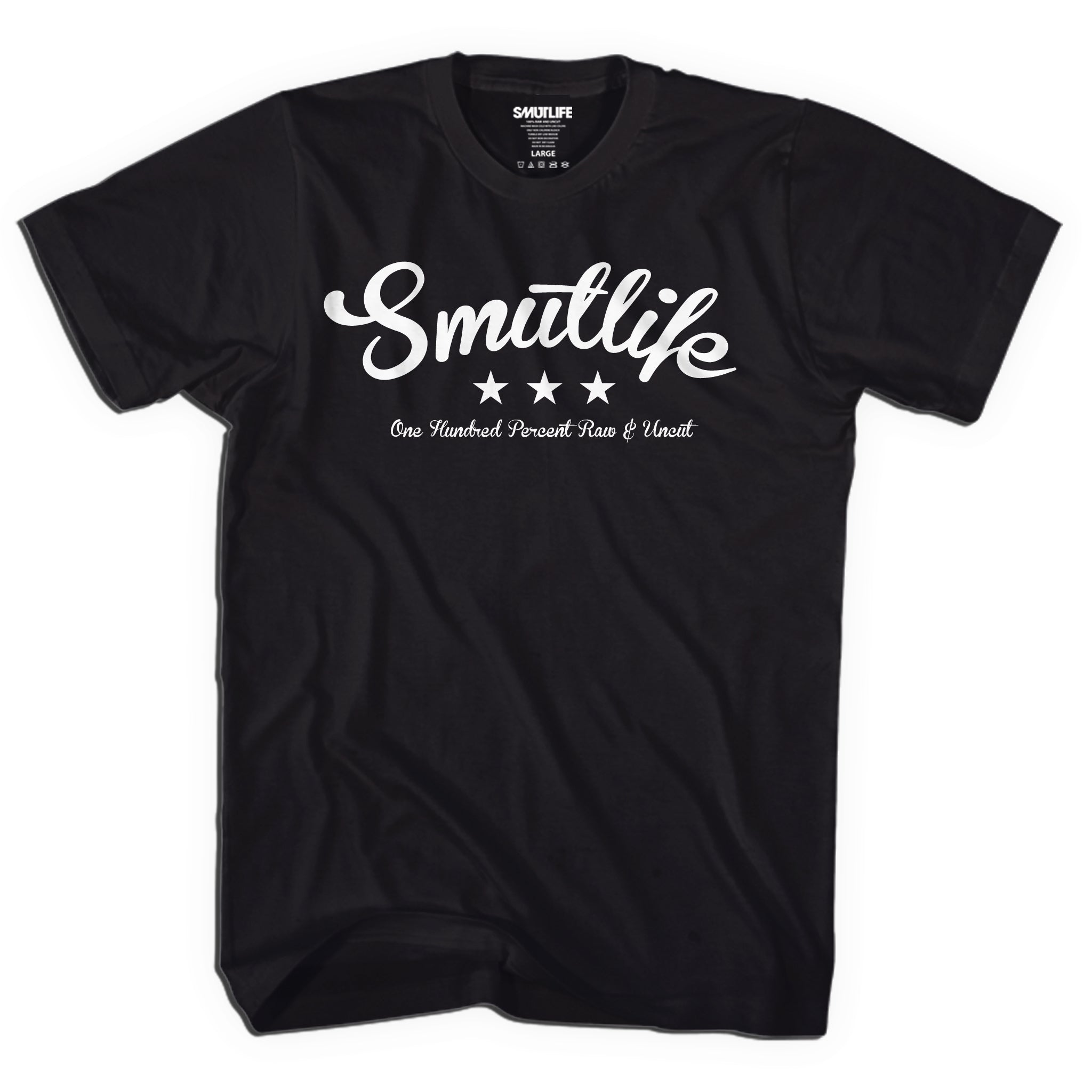 Black SMUTLIFE Tri-Star Men's Tee with white script logo, three stars, and "One Hundred Percent Raw & Uncut" text.