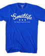 SMUTLIFE Tri-Star men's royal blue combed cotton tee with white script logo, three stars, and "One Hundred Percent Raw & Uncut" text.