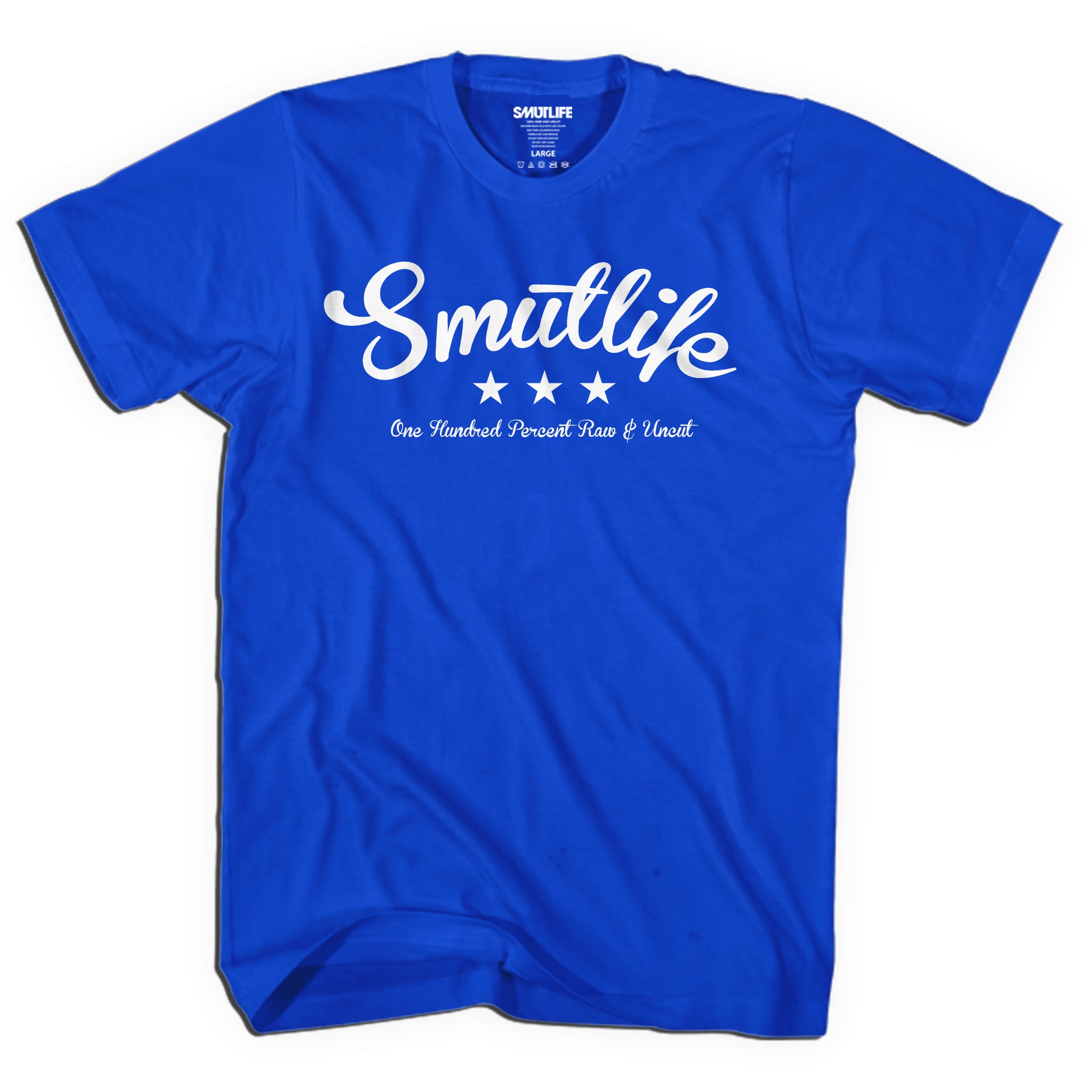 SMUTLIFE Tri-Star men's royal blue combed cotton tee with white script logo and three stars.