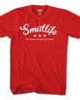 Red SMUTLIFE Tri-Star Men's Tee with white script logo, three stars, and "One Hundred Percent Raw & Uncut" text.