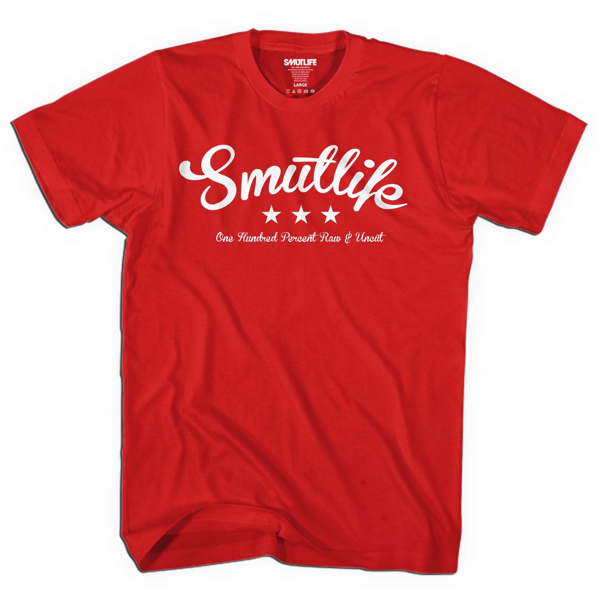 Red SMUTLIFE Tri-Star Men's Tee with white script logo, three stars, and "One Hundred Percent Raw & Uncut" text.