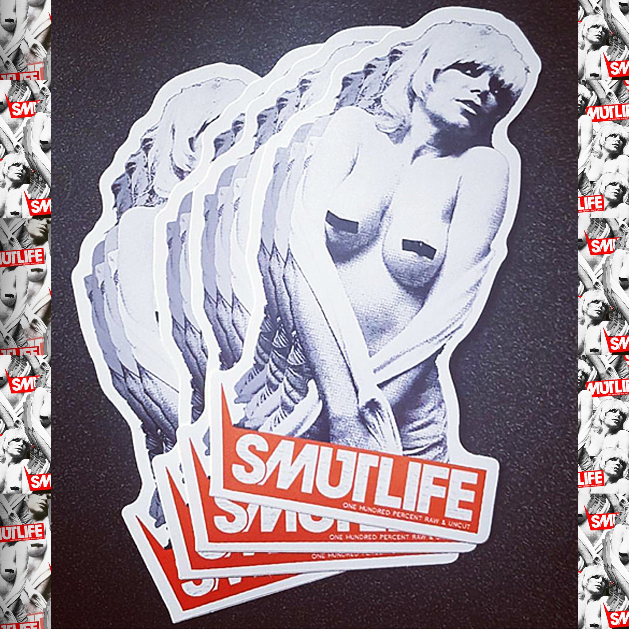 Wendy-O Smut-O-Matic 4" vinyl stickers featuring a black and white female figure and red "SMUTLIFE" text.