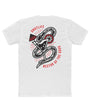 White cotton crew neck tee with "SMUTLIFE NECTAR OF THE GODS" text and snake-wrapped cocktail graphic.